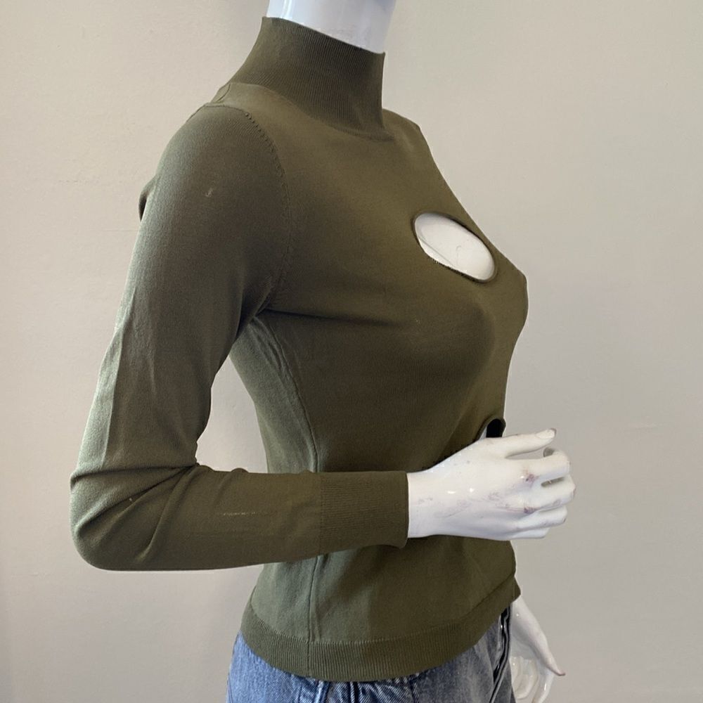 Miaou Eros Army Green Cutout Long Sleeve Thin Knit Mock Neck Sweater Top - Picture 5 of 7